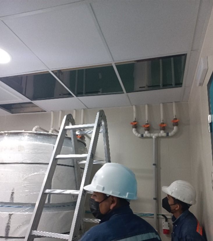 Dos técnicos con casco junto a una escalera y tuberías sobre el cielo falso