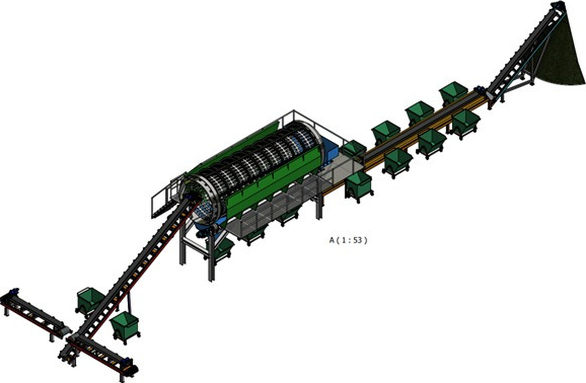 Representación 3D de una planta separadora de residuos sólidos con una cinta inclinada